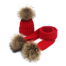 Hot selling winter kids scarf pure color acrylic knitted hat and scarf set with faux fur pom poms
